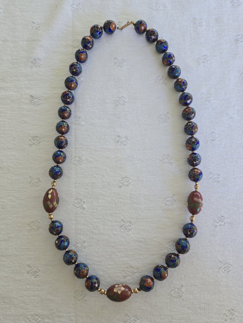 14K Gold Vintage Beaded Cloisonné Blue Red Green Floral Necklace